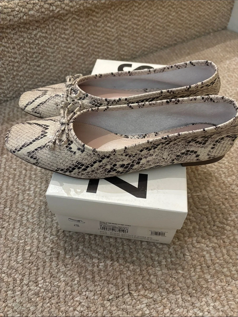 SCHUTZ Snake-Print Cream and Black Bow Ballet Flats Arissa